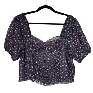 Topshop Floral Ditsy Mesh Sheer Ruched Puff Sleeve Black Pink Crop Top Size 12
